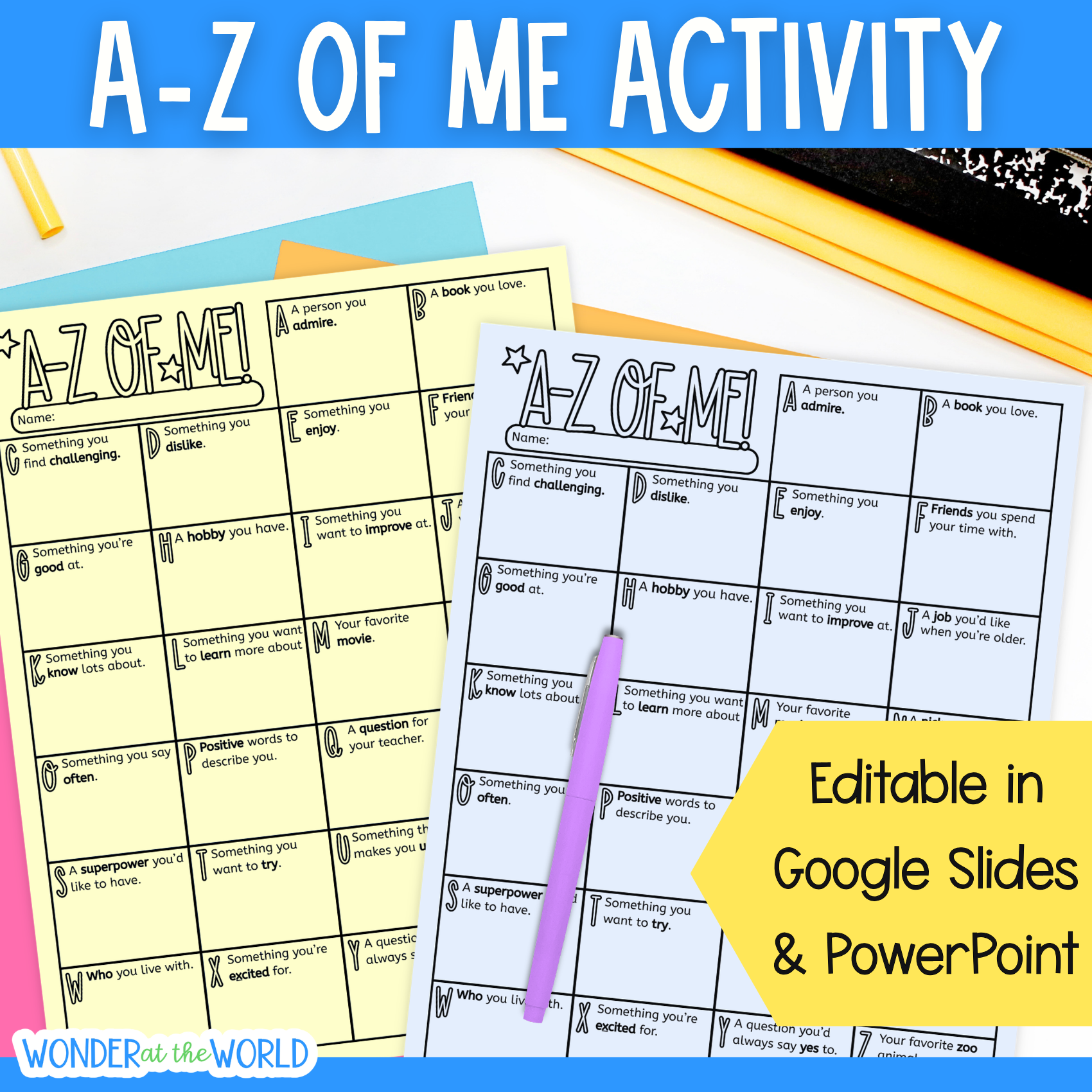 A-Z of me get to know you back to school worksheet with option to edit