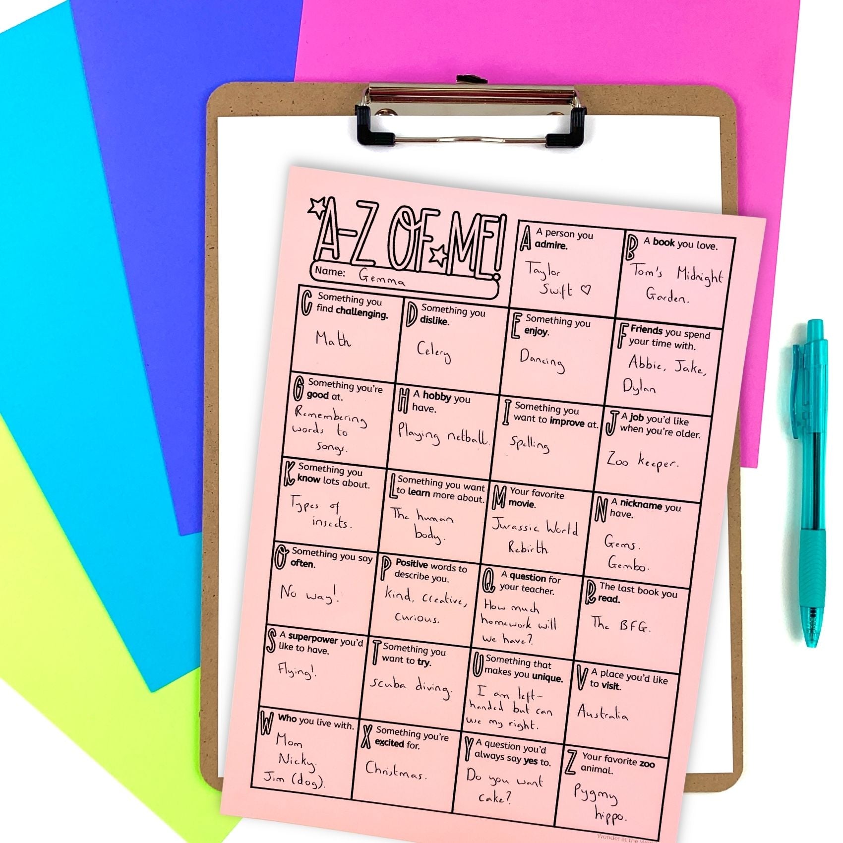 A-Z of me get to know you back to school worksheet with option to edit