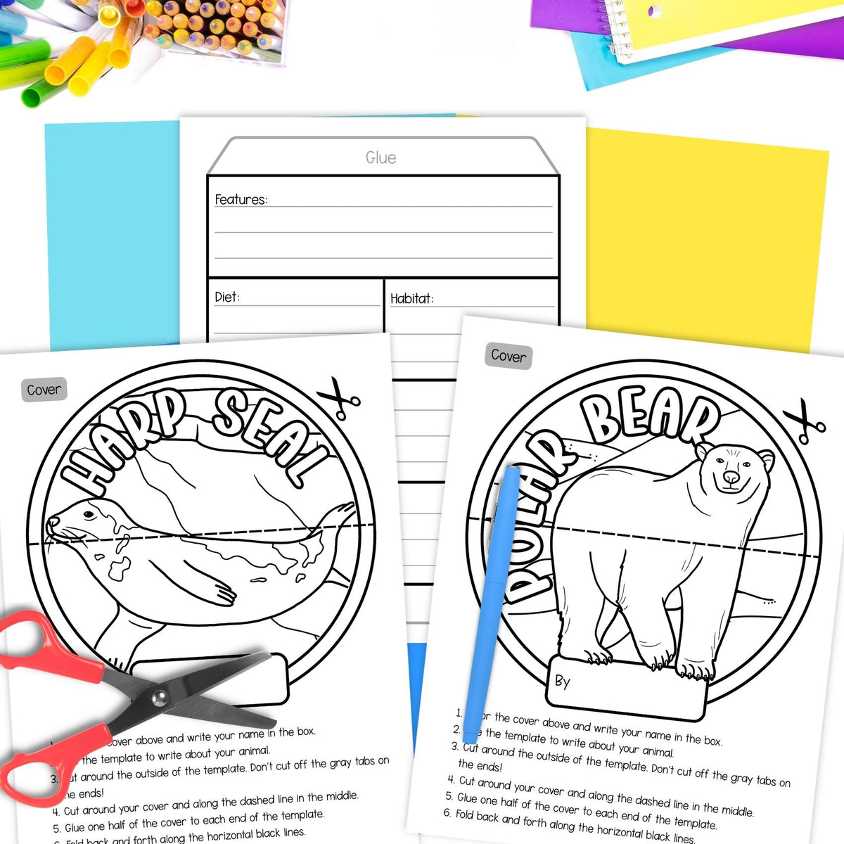 Arctic animals research folding templates writing craft activity