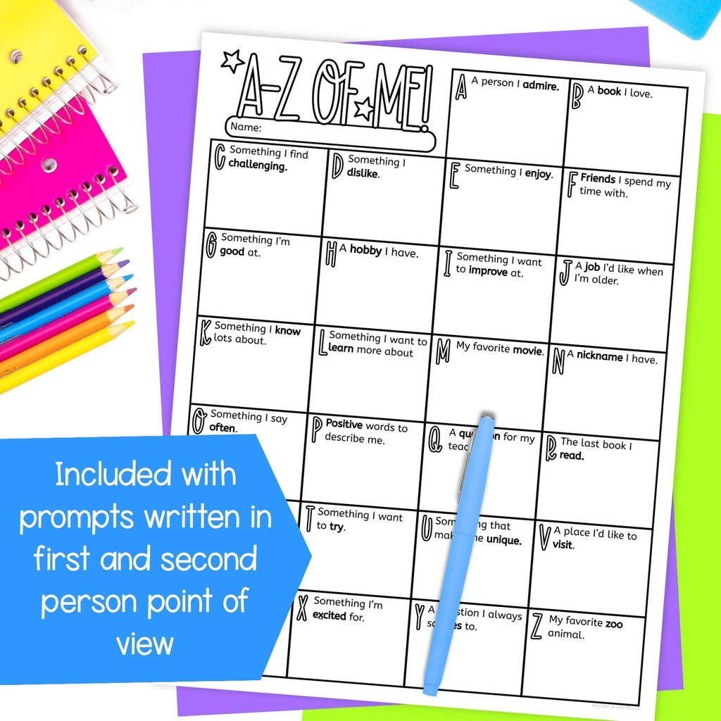 A-Z of me get to know you back to school worksheet with option to edit