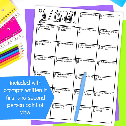 A-Z of me get to know you back to school worksheet with option to edit
