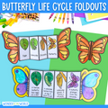 Butterfly life cycle foldouts with colorful butterflies and educational text on a blue and green background.
