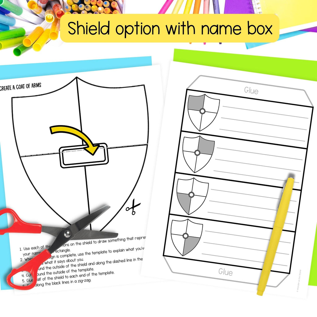 Shield template with name box, a writing template and craft supplies on a colorful background