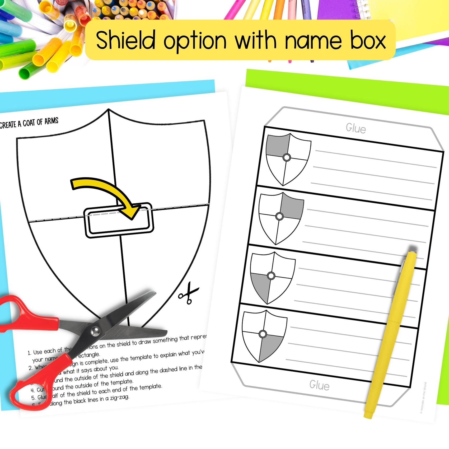 Shield template with name box, a writing template and craft supplies on a colorful background