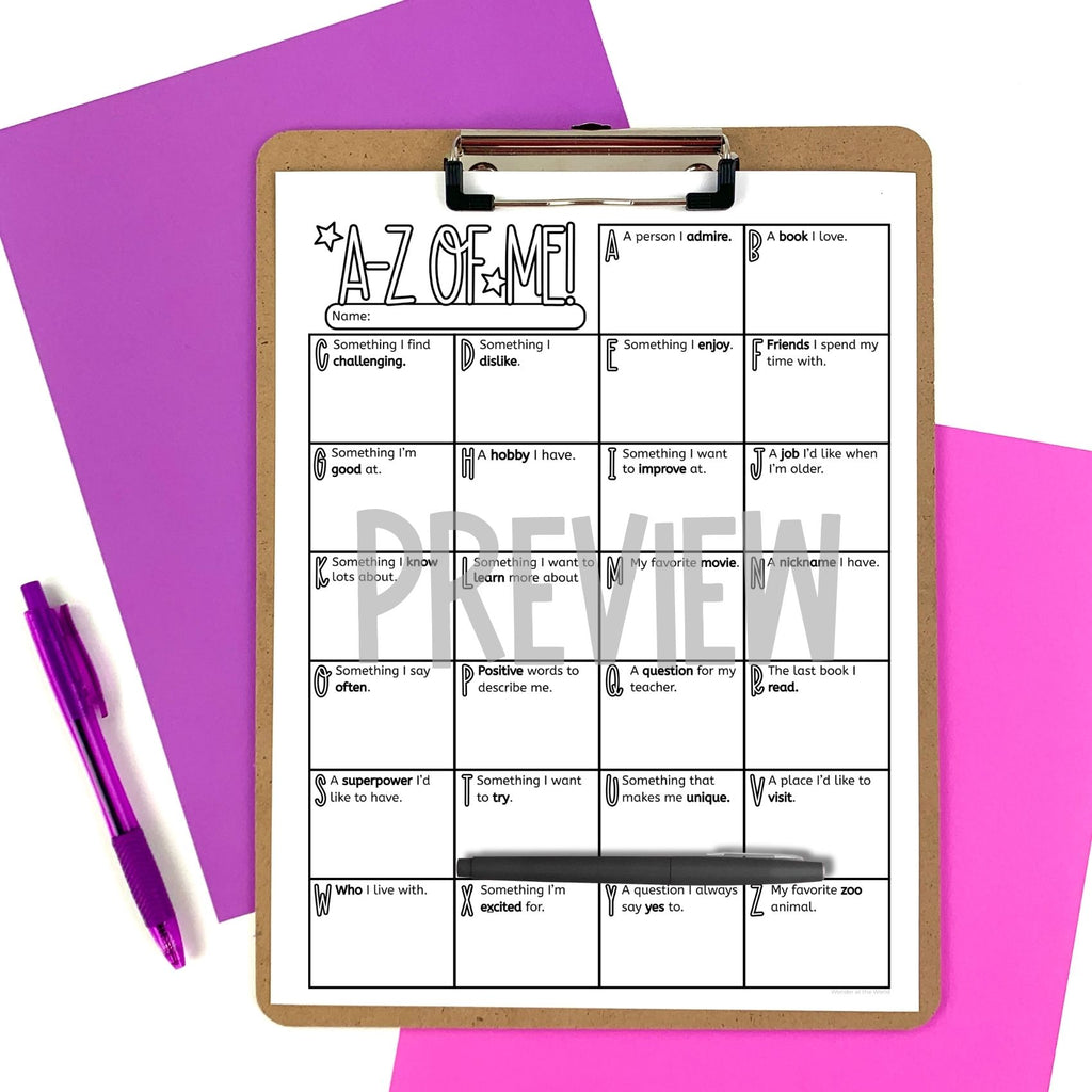 A-Z of me get to know you back to school worksheet with option to edit