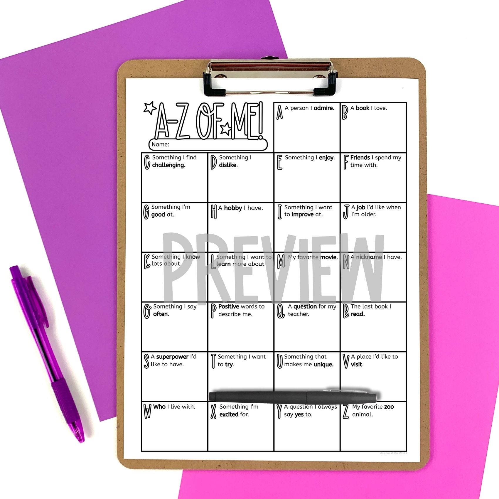 A-Z of me get to know you back to school worksheet with option to edit
