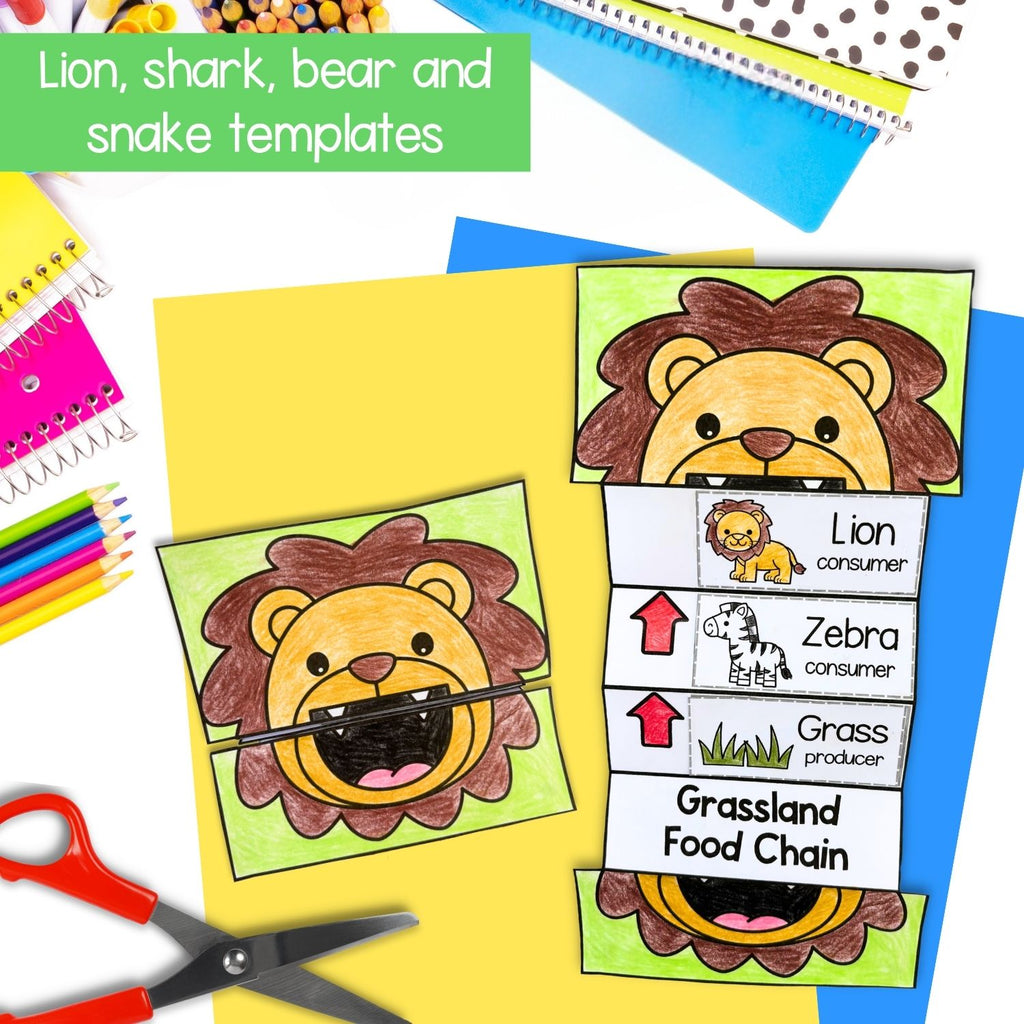 Food chains animal craft sequence and fold activity cut & paste shark bear lion