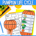 A hand holds a printed pumpkin life cycle worksheet and cutout pumpkin illustration over a matching labeled foldable craft titled 'Pumpkin Life Cycle.' The foldable craft shows stages from seed to mature pumpkin with autumn-themed props around it.