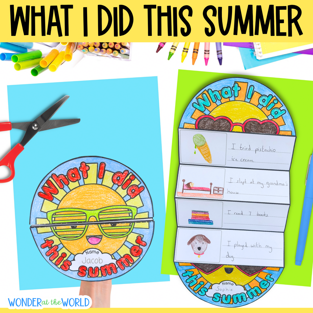 Children's craft activity with 'What I did this summer' templates, scissors, and crayons on a yellow background.